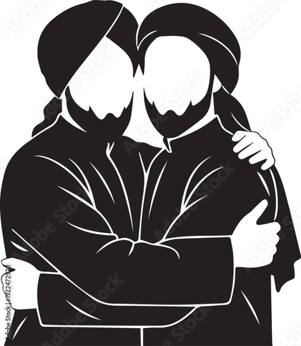 Two muslim men embracing each other, showing brotherhood, eid celebration, traditional attire, cultural greeting