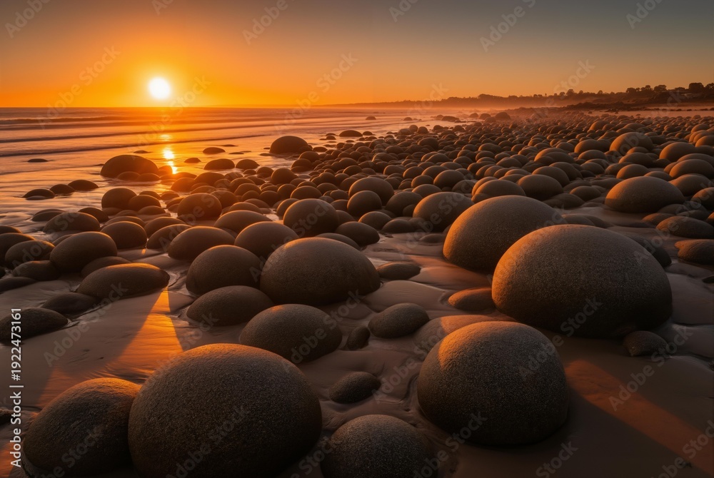 Obraz premium Sunrise over a beach covered with spherical basalt rocks