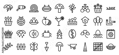 Garden and nature monoline icons featuring botanical elements, weather symbols, and outdoor tools in a minimal geometric aesthetic for modern eco-friendly branding.