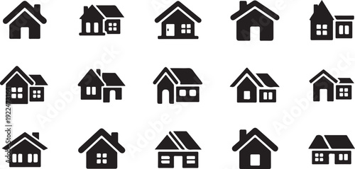 A collection of various house icons in a grid layout with a red number 14 in the top left corner isolated on white background, Vector