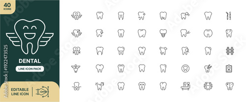 Dental hygiene and care icons with a flying tooth, representing healthy smiles and oral wellness, in a clean and modern line art style