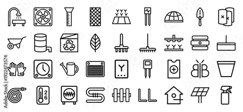 Smart agriculture and greenhouse management linear icons. Technical monoline pictograms for hydroponics, soil monitoring, and sustainable urban farming systems.