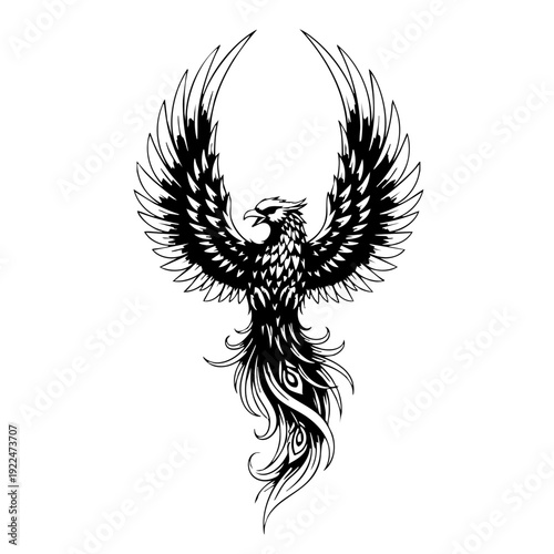 Black and white illustration of a phoenix rising with outstretched wings.