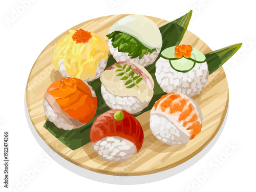 木皿に盛られた手毬寿司のリアル調ベクターイラスト ひな祭りや春の説明素材