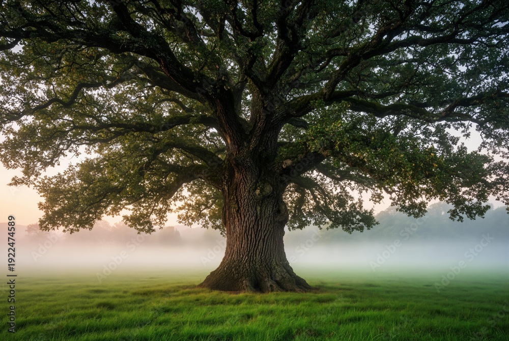 Obraz premium Majestic ancient oak tree with sprawling branches in misty countryside at golden hour