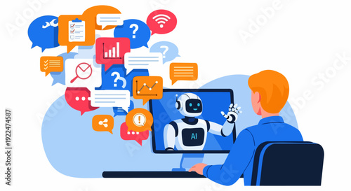 AI chatbot customer service and digital marketing concept vector illustration. Man interacting with robot on computer screen surrounded by speech bubbles with business icons.
