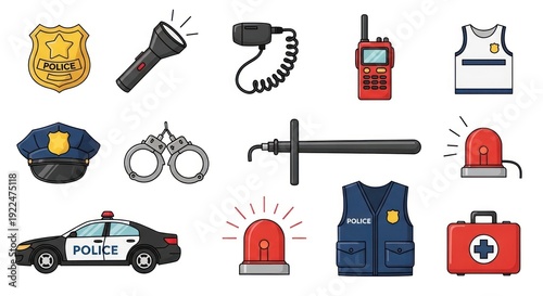 Police related equipment and symbols in various styles for multiple uses