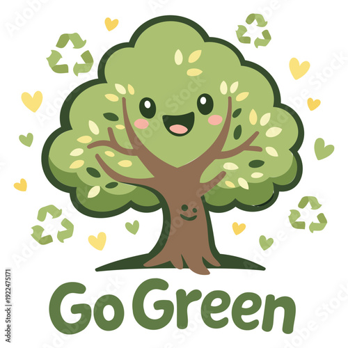 Cute smiling cartoon tree character with happy face and recycling symbols promoting ecofriendliness and sustainability