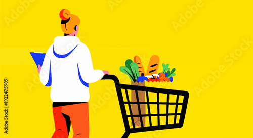Woman pushing shopping cart with groceries vector illustration on yellow background