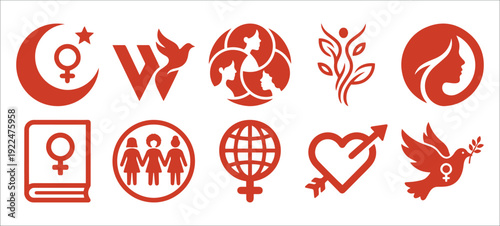 International Women's Day Icons Set with Female Symbols and Dove for Empowerment Design