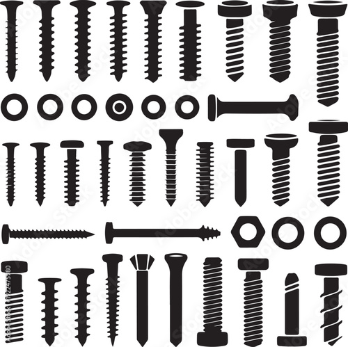 Silhouettes of wall plugs, bolts, nuts and screws