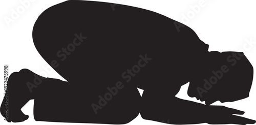 Muslim man in prostration during prayer ritual silhouette vector illustration showing devotion and submission in worship