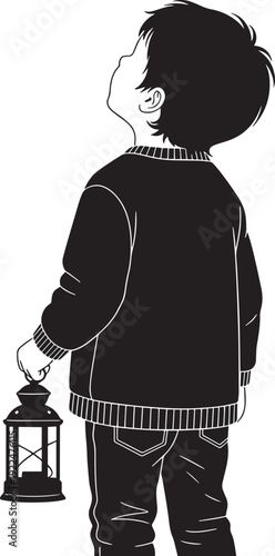 Little boy holding glowing lantern looking up at night sky silhouette vector illustration for ramadan kareem theme design