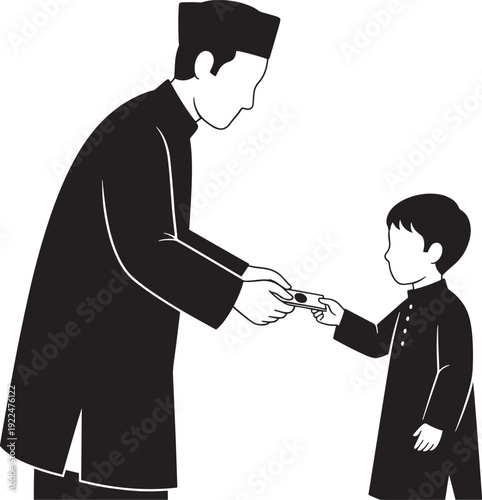 Father giving money gift to his son during islamic holiday celebration black and white silhouette vector illustration