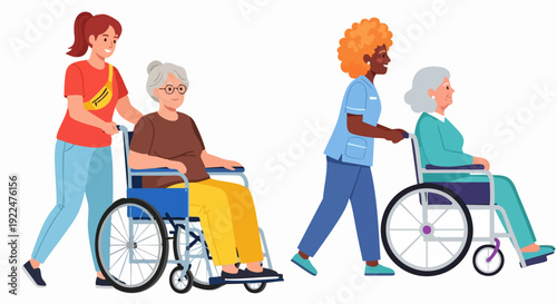Caregiver pushing senior woman in wheelchair vector illustration. Two diverse caregivers assisting elderly women with mobility.