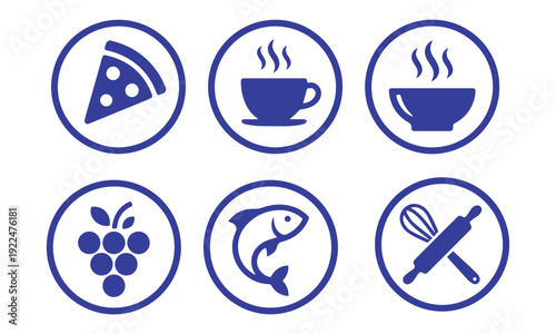 Food and drink line icon collection. Includes pizza, hot coffee, soup, grapes, fish, and baking tools symbols. Created in solid blue style with white background.