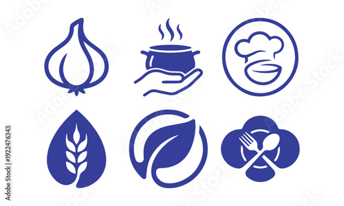 Food and cooking glyph icon collection. Includes garlic, hot pot, chef hat, wheat drop, leaf, and cutlery symbols. Created in solid blue style with a white background.