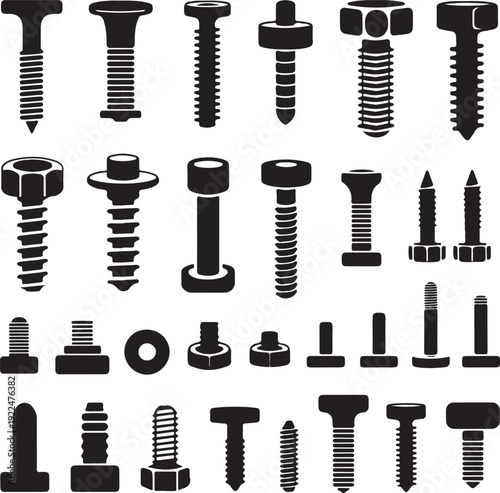 Silhouettes of wall plugs, bolts, nuts and screws