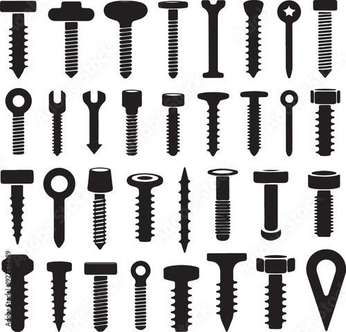 Silhouettes of wall plugs, bolts, nuts and screws