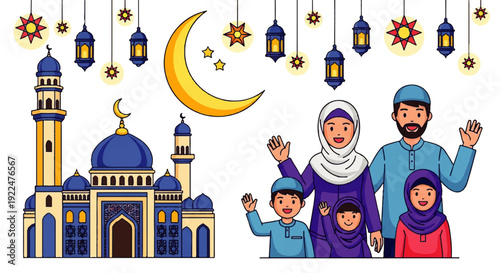 Joyful Muslim Family Celebrating a Religious Holiday in Front of a Beautiful Mosque, with Crescent Moon and Lanterns Symbolizing Festivity and Togetherness