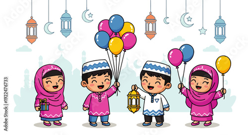 Joyful Muslim Children Celebrating Religious Holiday with Gifts, Balloons, and Lanterns – Happy Kids in Traditional Attire