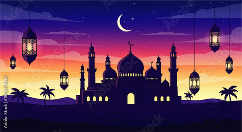 Ramadan Kareem - Festive Islamic mosque with crescent moon and lanterns under a vibrant sunset sky, celebrating holy month