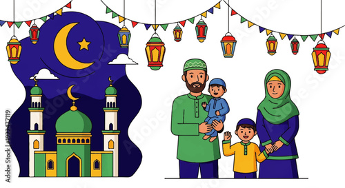 Ramadan Celebration with a Muslim Family and Mosque Illustration