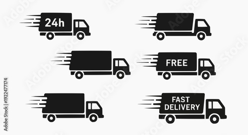 24h express delivery van silhouette icons isolated on white background.