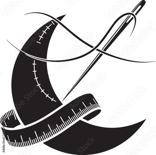 Tailor logo with sewing needle and thread crossing crescent moon shape with measuring tape for professional dressmaking