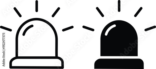 Two simple line art icons depicting a flashing siren or alarm light, one in outline and one filled black, indicating an alert or emergency.