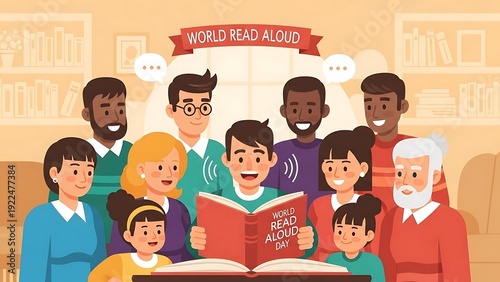 Diverse group reading together for world read aloud day illustration
