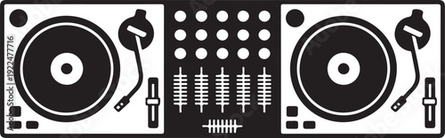 Simple flat outlined dj turntables illustration, grayscale on white background