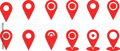 Large Set of Red Map Pin Pointer Icons Featuring Various Location Marker Styles for Navigation GPS Tracking Logistics and Website Interface Design Graphic Elements