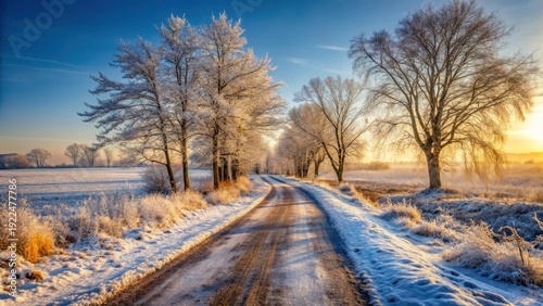 A serene winter landscape with a gravel road covered in snow and ice
