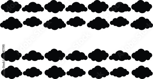 Set of Black Cloud Silhouette Icons Isolated on White Background, Weather Symbol Collection for Forecast Design, Sky Elements and Meteorology Concepts