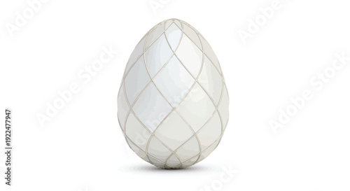 An intricately designed white egg with gold lines on a plain background