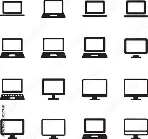 Simple laptop and desktop line and silhouette icon set