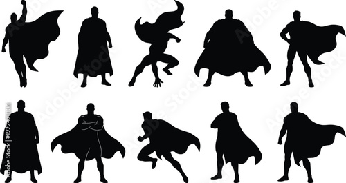 Set of Superhero Silhouette Figures with Capes in Action Poses Isolated on White Background, Comic Style Hero Collection for Fantasy and Power Concepts