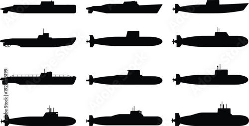 Submarine Silhouette Collection Isolated on White Background, Military Naval Vessel Set for Maritime Defense, Underwater Warfare and Navy Technology Concepts
