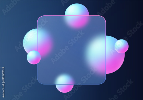 Abstract dark background with a translucent rounded square banner and vibrant blue-pink gradient spheres. Modern vector banner template in a glassmorphic style.