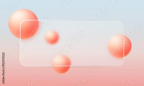 Light abstract background featuring a translucent rounded rectangle panel and soft coral to peach gradient spheres. Clean modern glassmorphism banner design template.