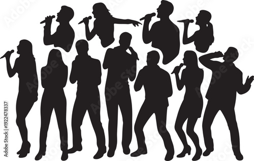 Singing Silhouette, Singer male and female silhouette, man and woman singing with a microphone in hands