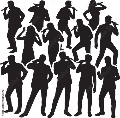 Singing Silhouette, Singer male and female silhouette, man and woman singing with a microphone in hands