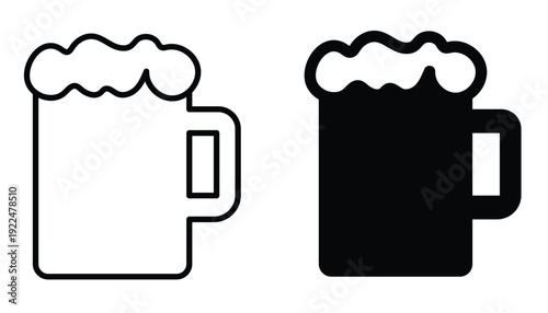 Beer Mug Icon Set – Foam Drink Glass Outline and Filled Vector