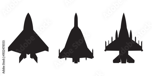 Fighter jet silhouette, Aggressive jet front icon for aviation themes, military illustrations, airshow posters, game assets, and dynamic marketing collateral.