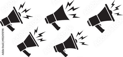 Vector icon set with bold black handheld megaphone silhouettes. Perfect for communication, announcements, marketing, social campaigns, presentations, and creative design projects.