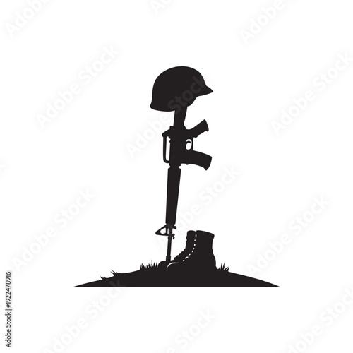 Fallen soldier memorial silhouette. Rifle and helmet memorial symbol for remembrance, veteran tributes, and solemn memorial graphics.