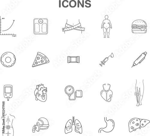 Collection of Line Icons Illustrating Health Risks, Chronic Diseases, and Wellness Challenges Related to Diet, Lifestyle, Editable stroke. Vector illustration