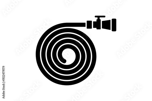 A black and white vector graphic illustration of a coiled hose with a nozzle
