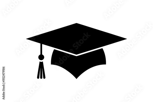 A minimalist vector graphic of a graduation cap and tassel in black silhouette on a white background
